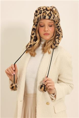 Kadın Leopar Leopar Desenli Kulaklıklı Şapka ALC-X11345