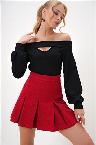 Kadın Siyah Madonna Yaka Cut Out Detaylı Örme Bluz ALC-X12948