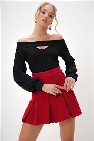 Kadın Siyah Madonna Yaka Cut Out Detaylı Örme Bluz ALC-X12948