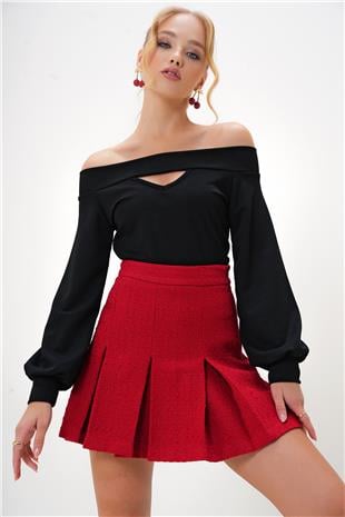 Kadın Siyah Madonna Yaka Cut Out Detaylı Örme Bluz ALC-X12948