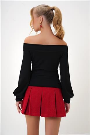 Kadın Siyah Madonna Yaka Cut Out Detaylı Örme Bluz ALC-X12948