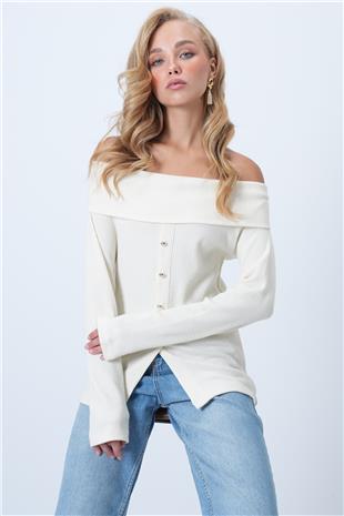 Kadın Ekru Madonna Yaka Önü Yırtmaçlı Örme Bluz ALC-X14527