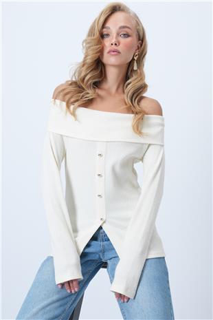 Kadın Ekru Madonna Yaka Önü Yırtmaçlı Örme Bluz ALC-X14527