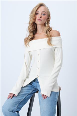 Kadın Ekru Madonna Yaka Önü Yırtmaçlı Örme Bluz ALC-X14527