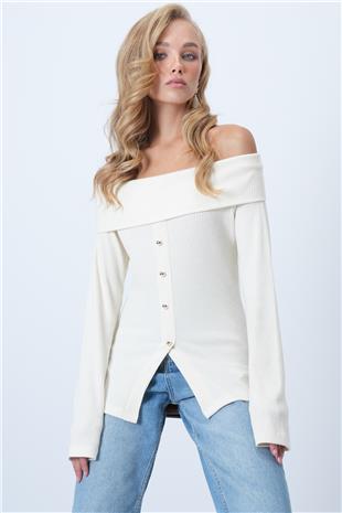Kadın Ekru Madonna Yaka Önü Yırtmaçlı Örme Bluz ALC-X14527