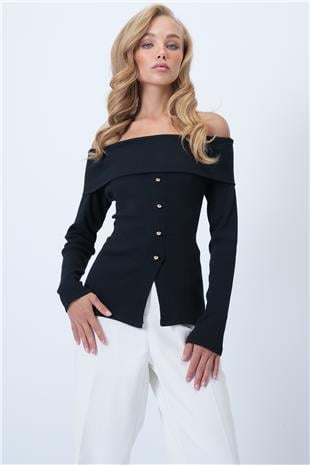 Kadın Siyah Madonna Yaka Önü Yırtmaçlı Örme Bluz ALC-X14527