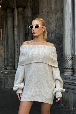 Kadın Ekru Madonna Yaka Triko Kazak VS00014