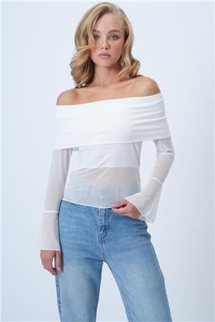 Kadın Beyaz Madonna Yaka Tül Detaylı Bluz ALC-X14501