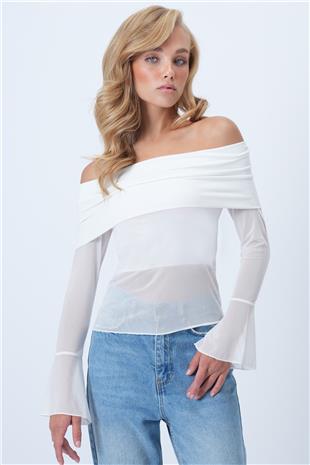 Kadın Beyaz Madonna Yaka Tül Detaylı Bluz ALC-X14501