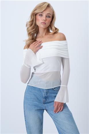 Kadın Beyaz Madonna Yaka Tül Detaylı Bluz ALC-X14501