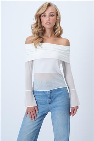 Kadın Beyaz Madonna Yaka Tül Detaylı Bluz ALC-X14501