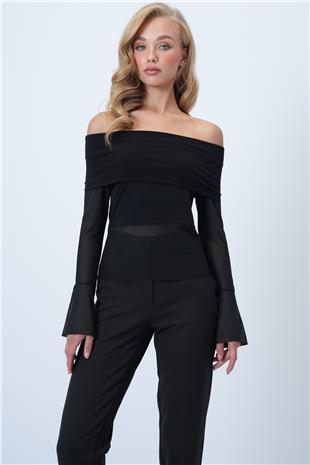 Kadın Siyah Madonna Yaka Tül Detaylı Bluz ALC-X14501