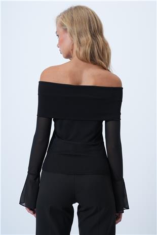 Kadın Siyah Madonna Yaka Tül Detaylı Bluz ALC-X14501