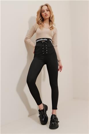 Kadın Siyah Mat Dokulu Önü Bağcıklı Yüksek Bel Tayt ALC-X9634
