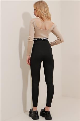 Kadın Siyah Mat Dokulu Önü Bağcıklı Yüksek Bel Tayt ALC-X9634