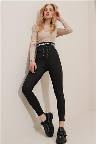 Kadın Siyah Mat Dokulu Önü Bağcıklı Yüksek Bel Tayt ALC-X9634