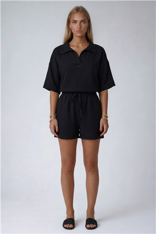 Mat Siyah Polo Yaka Keten Bluz Ve Şort Takım