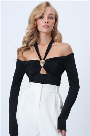 Kadın Siyah Metal Aksesuarlı Boyundan Bağlamalı Sandy Bluz ALC-X14500