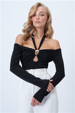 Kadın Siyah Metal Aksesuarlı Boyundan Bağlamalı Sandy Bluz ALC-X14500