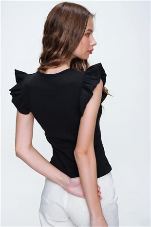 Kadın Siyah Metal Aksesuarlı Kolu Fırfırlı Kaşkorse Bluz ALC-X5978