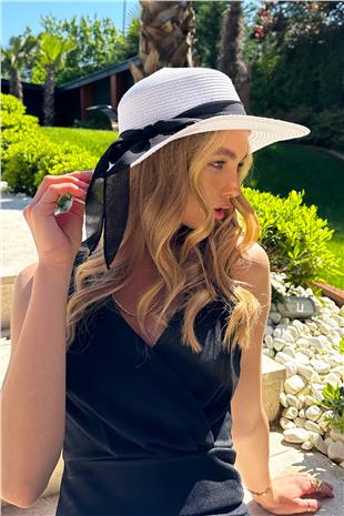 Kadın Beyaz Midi Boy Kurdelalı Şapka ALC-X12346