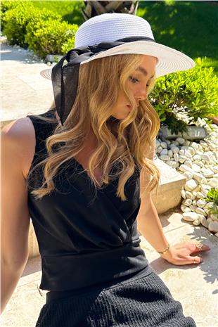 Kadın Beyaz Midi Boy Kurdelalı Şapka ALC-X12346