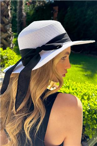Kadın Beyaz Midi Boy Kurdelalı Şapka ALC-X12346