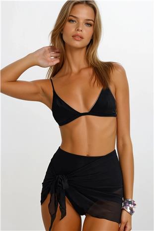 Kadın Siyah Mini Bağlamalı Tül Plaj Pareo VS00275