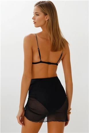 Kadın Siyah Mini Bağlamalı Tül Plaj Pareo VS00275