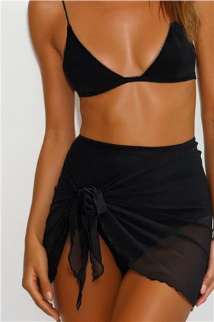 Kadın Siyah Mini Bağlamalı Tül Plaj Pareo VS00275