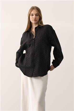 Kadın Siyah Mini Taş İşlemeli Kırışık Dokulu Oversize Gömlek VS01152