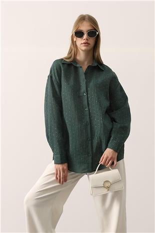 Kadın Yeşil Mini Taş İşlemeli Kırışık Dokulu Oversize Gömlek VS01152