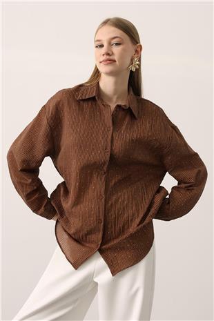 Kadın Kahve Mini Taş İşlemeli Kırışık Dokulu Oversize Gömlek VS01152