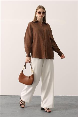 Kadın Kahve Mini Taş İşlemeli Kırışık Dokulu Oversize Gömlek VS01152
