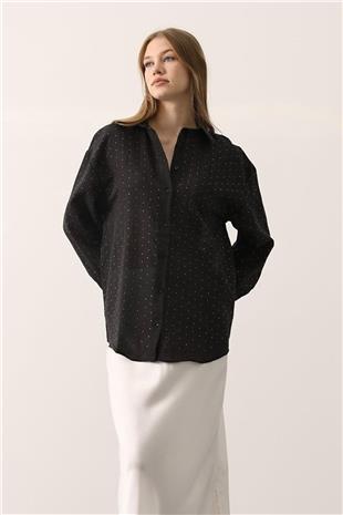 Kadın Siyah Mini Taş İşlemeli Kırışık Dokulu Oversize Gömlek VS01152
