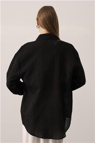 Kadın Siyah Mini Taş İşlemeli Kırışık Dokulu Oversize Gömlek VS01152