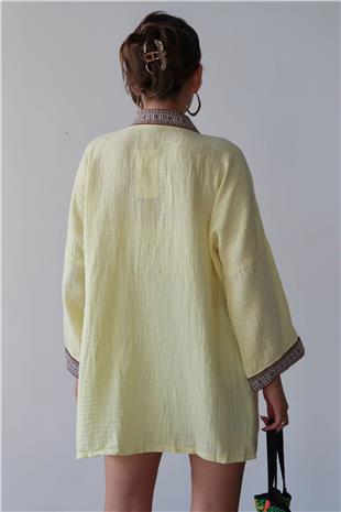 Kadın Sarı Nakış Detaylı Keten Kimono VS00678