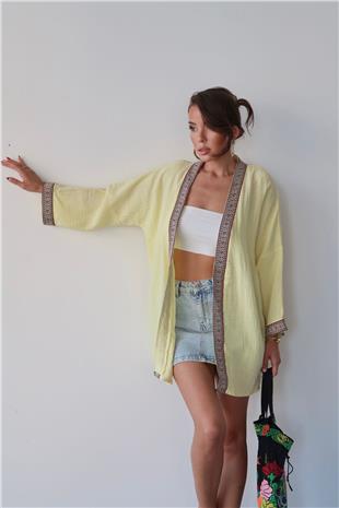 Kadın Sarı Nakış Detaylı Keten Kimono VS00678