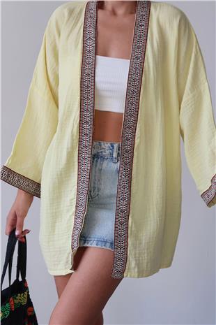 Kadın Sarı Nakış Detaylı Keten Kimono VS00678