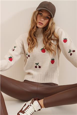 Kadın Bej Nakış İşlemeli Bisiklet Yaka Triko Kazak ALC-X7347