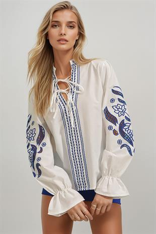 Kadın Beyaz Nakış İşlemeli Önü Bağcıklı Kolları Lazer Kesim Poplin Dokuma Bluz ALC-X9059