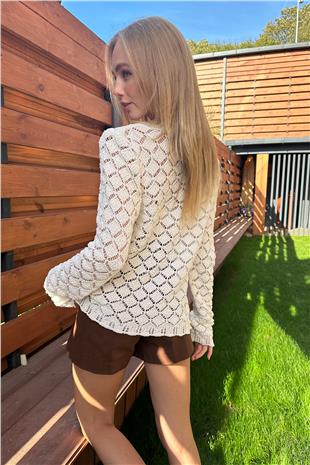 Kadın Ekru Nakışlı Ajurlu Triko Hırka ALC-X11234