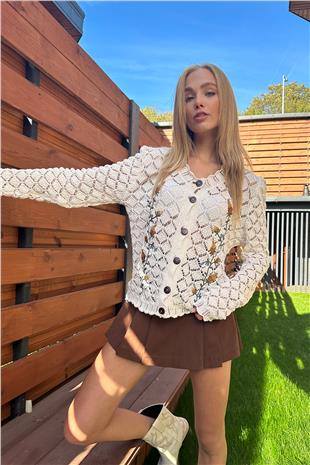 Kadın Ekru Nakışlı Ajurlu Triko Hırka ALC-X11234