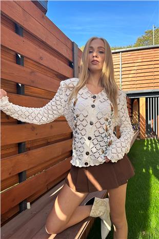 Kadın Ekru Nakışlı Ajurlu Triko Hırka ALC-X11234