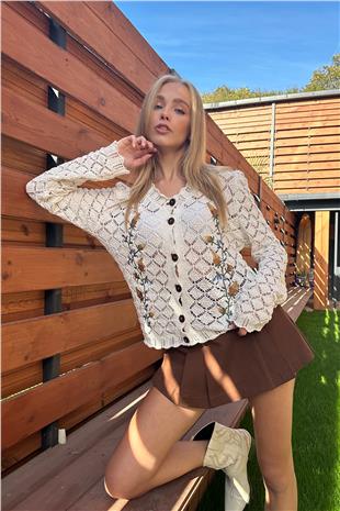 Kadın Ekru Nakışlı Ajurlu Triko Hırka ALC-X11234