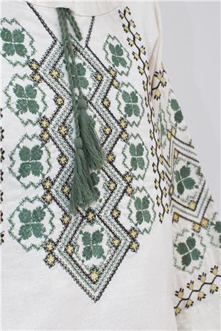 Kadın Krem Nakışlı Balon Kol Ham Keten Bluz VS00238