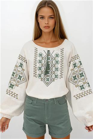 Kadın Krem Nakışlı Balon Kol Ham Keten Bluz VS00238