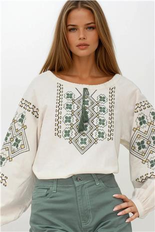 Kadın Krem Nakışlı Balon Kol Ham Keten Bluz VS00238