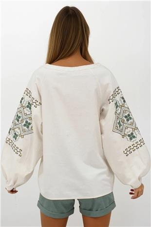 Kadın Krem Nakışlı Balon Kol Ham Keten Bluz VS00238