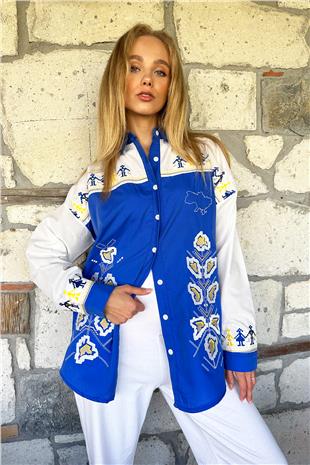 Kadın Mavi Nakışlı Poplin Oversize Gömlek ALC-X11166